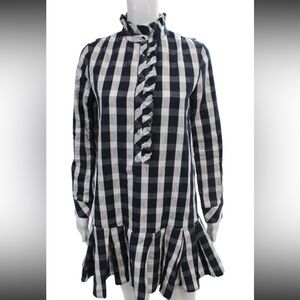 Tuckernuck Tate Drop Waist Dress Navy Gingham Check Linen Blend Womens XS